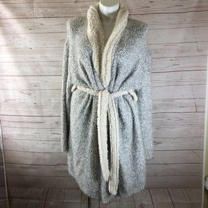 True Womens L Bathrobe Fluffy Sherpa Gray White Spa Robe Collar Soft Warm Plush